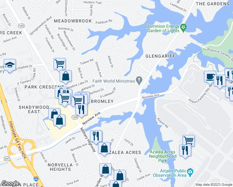 map of restaurants, bars, coffee shops, grocery stores, and more near 1917 South Lakeland Drive in Norfolk
