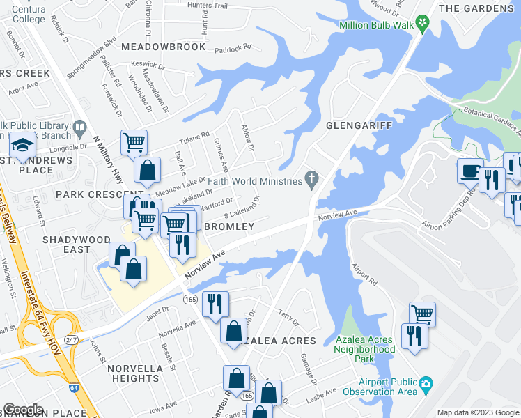 map of restaurants, bars, coffee shops, grocery stores, and more near 1917 South Lakeland Drive in Norfolk