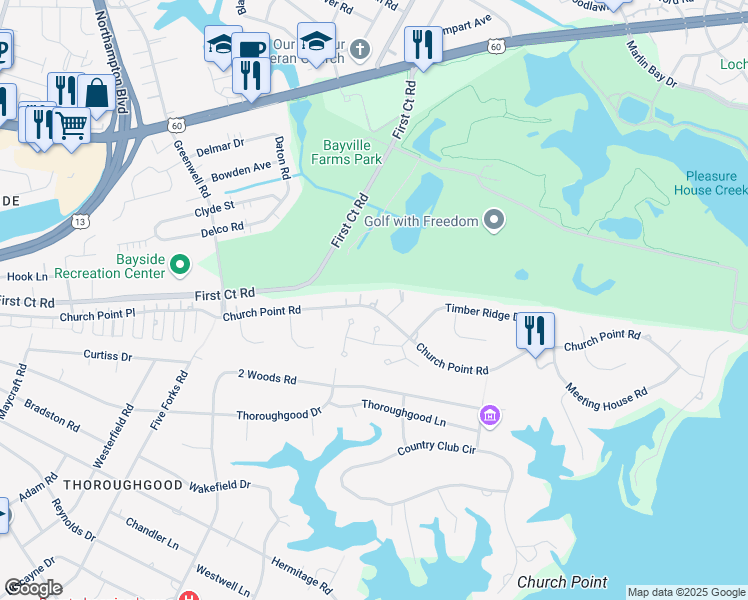 map of restaurants, bars, coffee shops, grocery stores, and more near 4084 Church Point Road in Virginia Beach