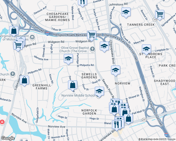 map of restaurants, bars, coffee shops, grocery stores, and more near 6457 Palem Road in Norfolk