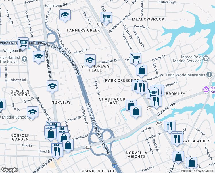 map of restaurants, bars, coffee shops, grocery stores, and more near 1443 East Tanners Creek Drive in Norfolk