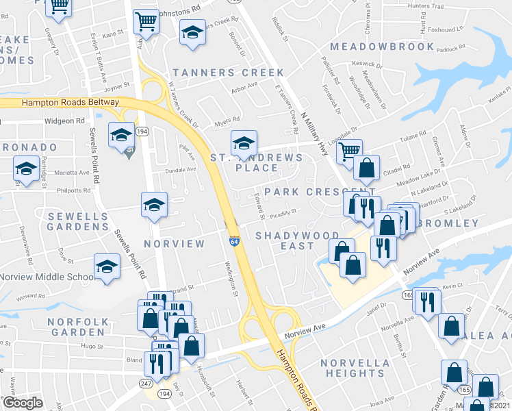 map of restaurants, bars, coffee shops, grocery stores, and more near 6417 Edward Street in Norfolk