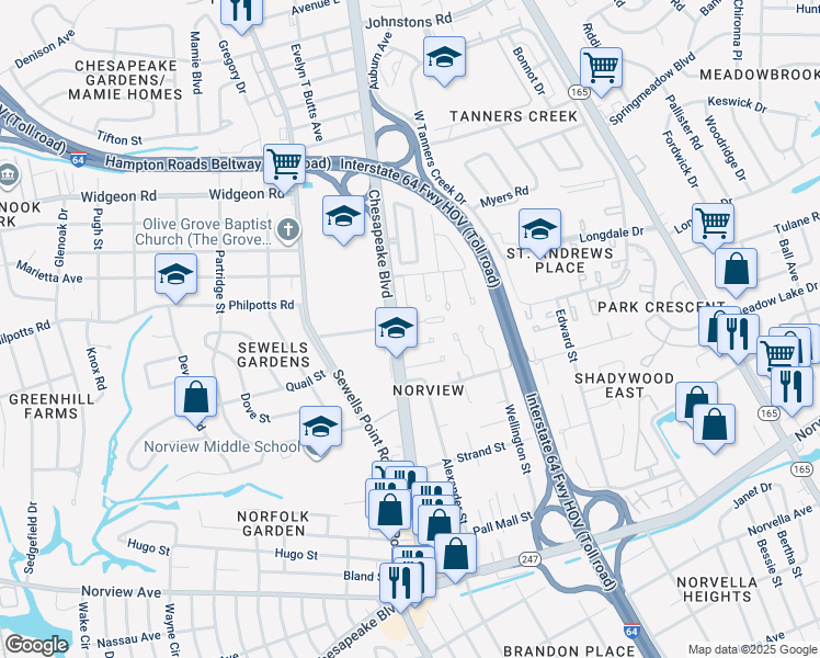 map of restaurants, bars, coffee shops, grocery stores, and more near 1211 Bunsen Court in Norfolk