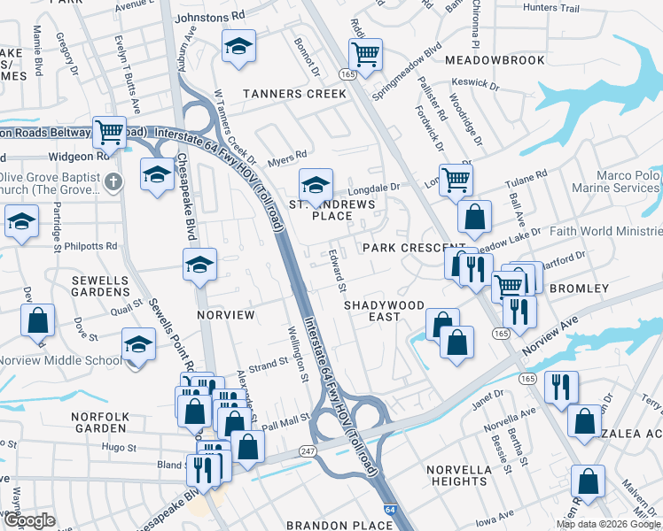 map of restaurants, bars, coffee shops, grocery stores, and more near 6455 Edward Street in Norfolk