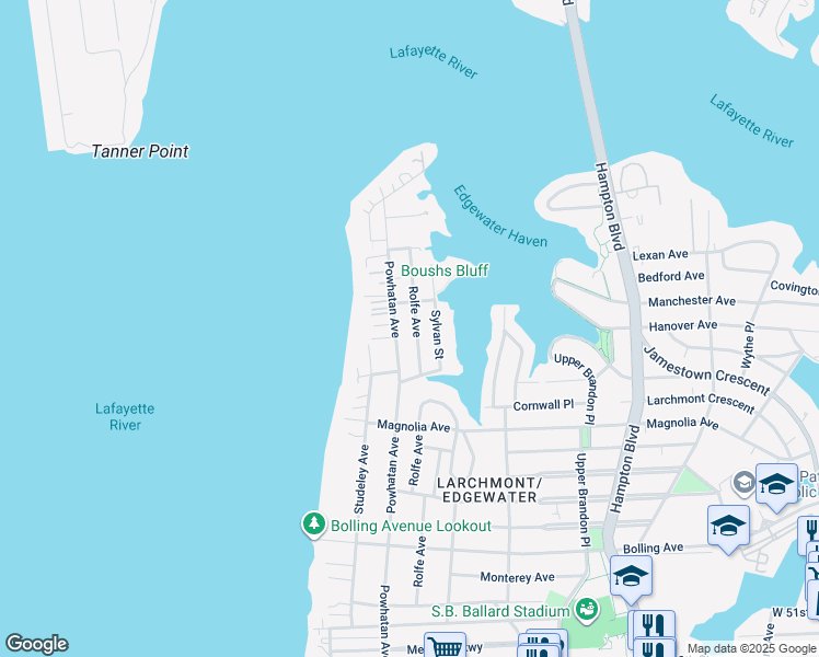 map of restaurants, bars, coffee shops, grocery stores, and more near 6143 Rolfe Avenue in Norfolk