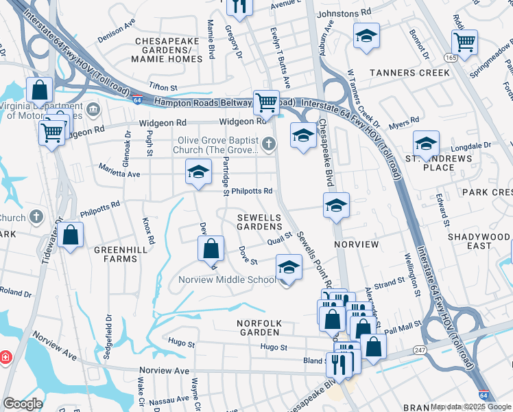 map of restaurants, bars, coffee shops, grocery stores, and more near 6457 Palem Road in Norfolk