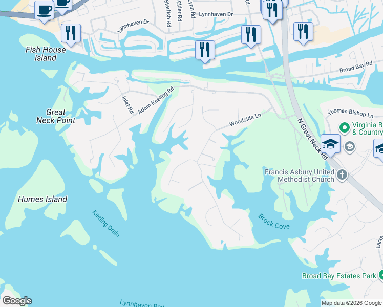 map of restaurants, bars, coffee shops, grocery stores, and more near 1904 Estates Drive in Virginia Beach