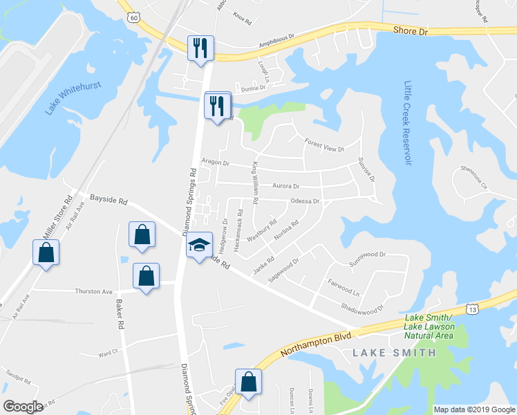 map of restaurants, bars, coffee shops, grocery stores, and more near 1640 King William Road in Virginia Beach