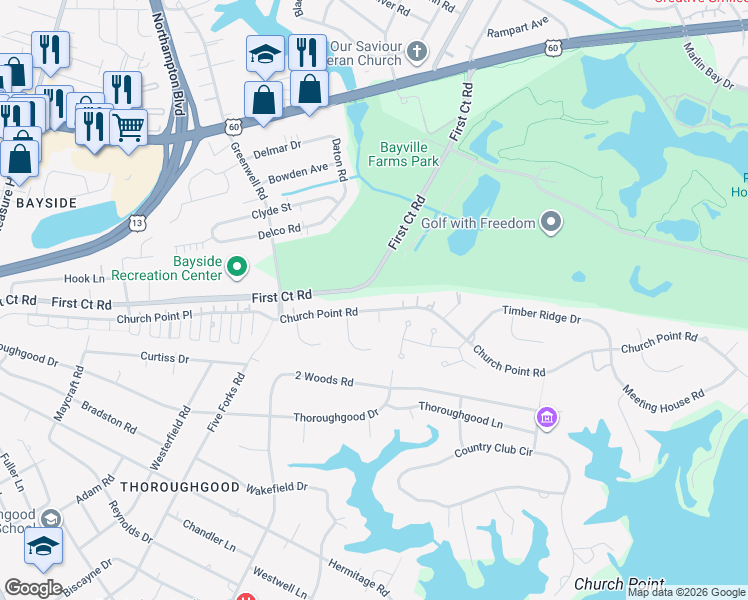 map of restaurants, bars, coffee shops, grocery stores, and more near 4112 Church Point Road in Virginia Beach