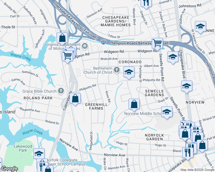 map of restaurants, bars, coffee shops, grocery stores, and more near 914 Philpotts Road in Norfolk