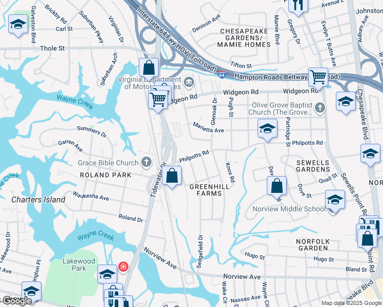 map of restaurants, bars, coffee shops, grocery stores, and more near 860 Philpotts Road in Norfolk