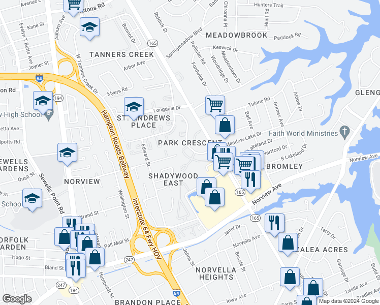 map of restaurants, bars, coffee shops, grocery stores, and more near 6461 Crescent Way in Norfolk