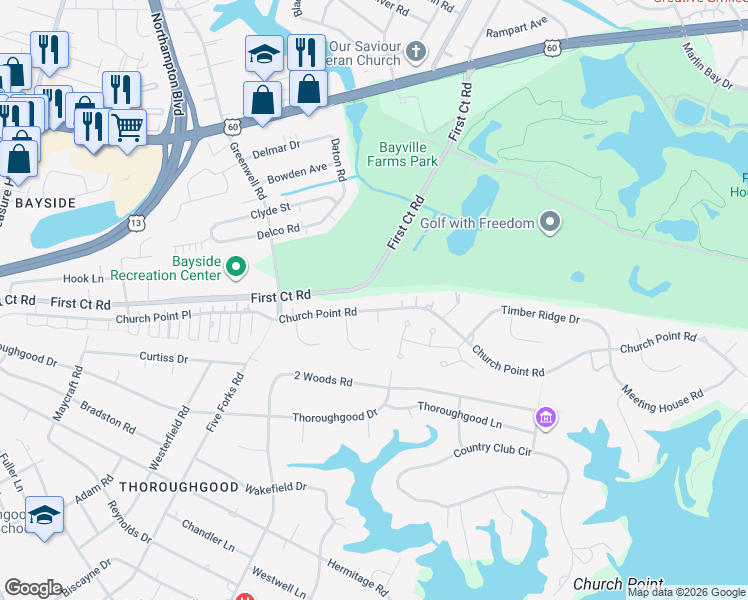 map of restaurants, bars, coffee shops, grocery stores, and more near 4112 Church Point Road in Virginia Beach