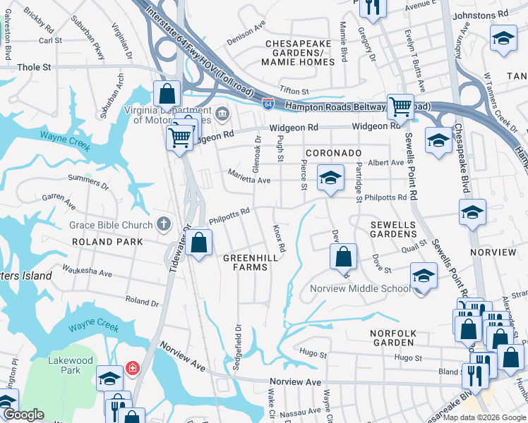map of restaurants, bars, coffee shops, grocery stores, and more near 914 Philpotts Road in Norfolk