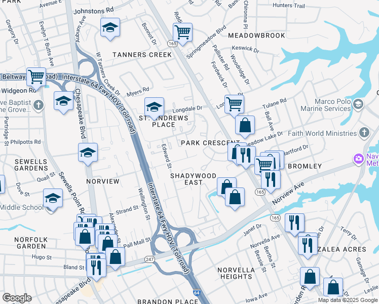 map of restaurants, bars, coffee shops, grocery stores, and more near 1443 East Tanners Creek Drive in Norfolk
