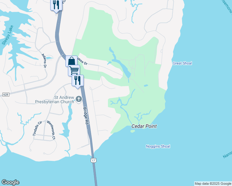 map of restaurants, bars, coffee shops, grocery stores, and more near 2033 Fairway Drive in Suffolk