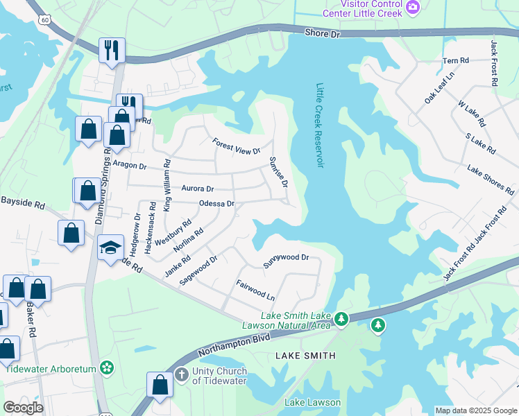 map of restaurants, bars, coffee shops, grocery stores, and more near 5517 Odessa Drive in Virginia Beach
