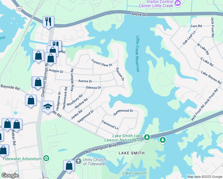 map of restaurants, bars, coffee shops, grocery stores, and more near 5517 Odessa Drive in Virginia Beach
