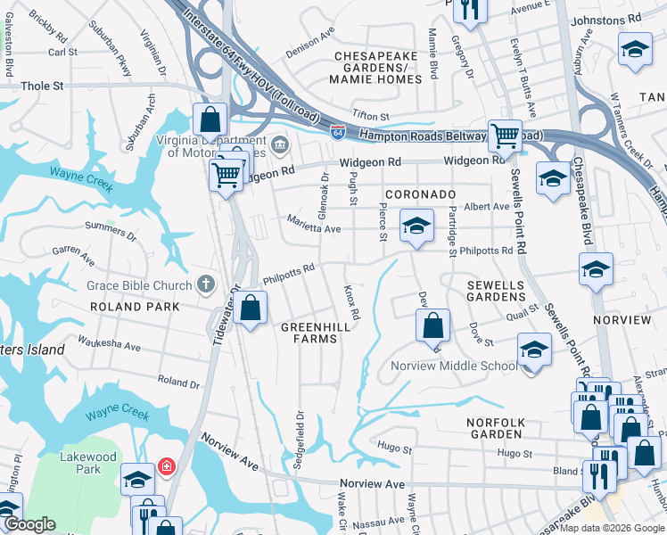 map of restaurants, bars, coffee shops, grocery stores, and more near 914 Philpotts Road in Norfolk