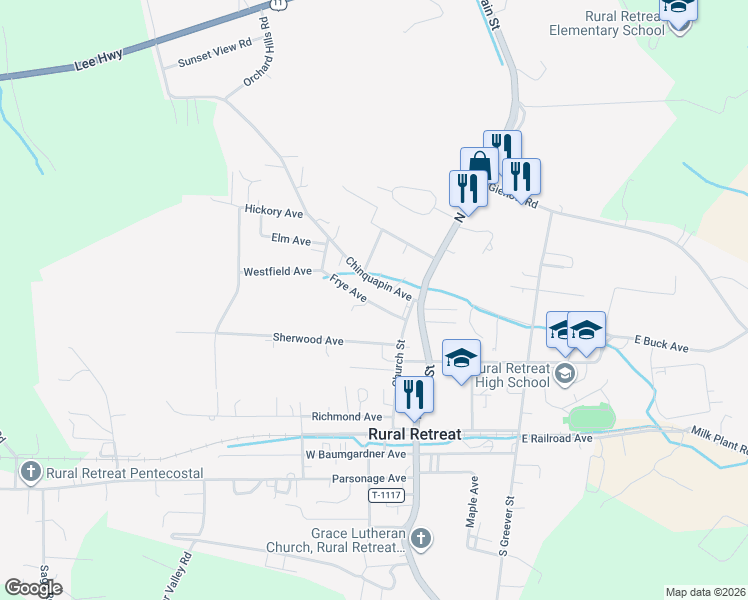 map of restaurants, bars, coffee shops, grocery stores, and more near 200-236 Frye Avenue in Rural Retreat