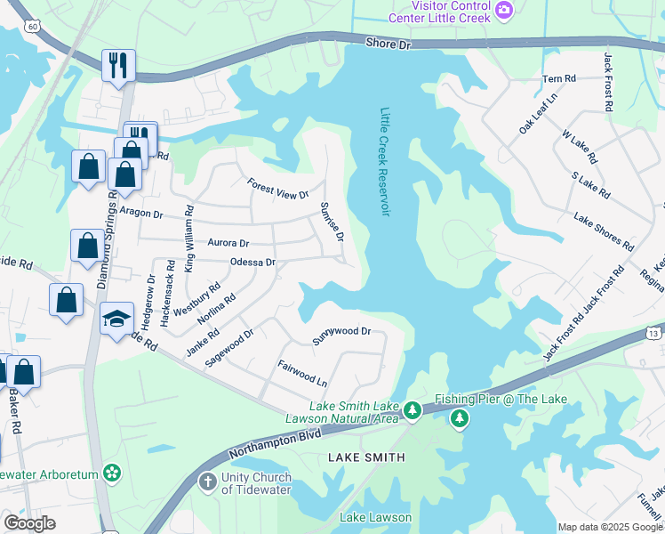 map of restaurants, bars, coffee shops, grocery stores, and more near 5505 Odessa Drive in Virginia Beach