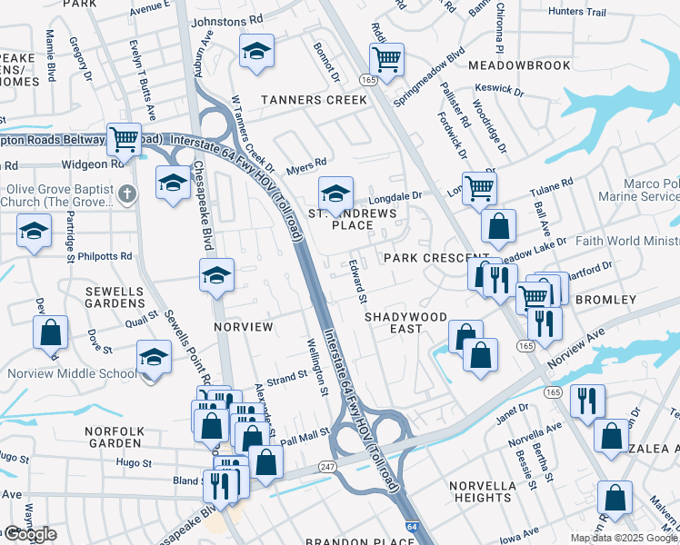 map of restaurants, bars, coffee shops, grocery stores, and more near 6449 Edward Street in Norfolk