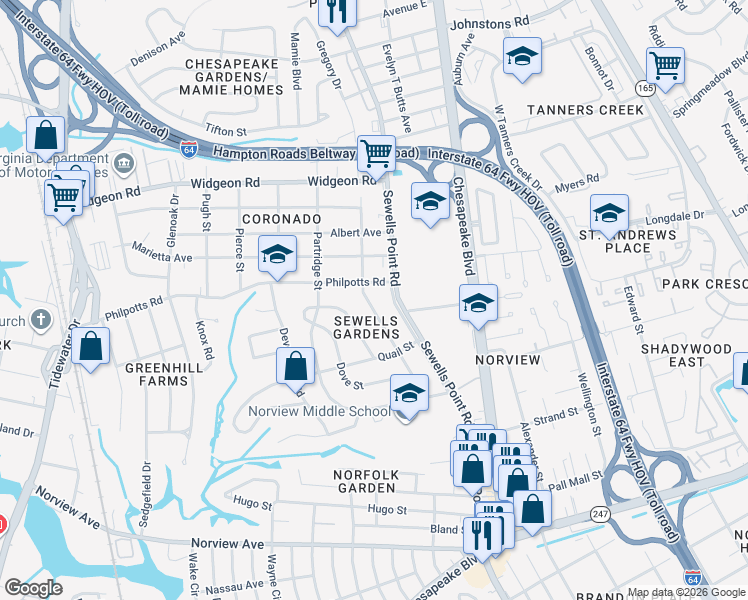 map of restaurants, bars, coffee shops, grocery stores, and more near 6462 Palem Road in Norfolk