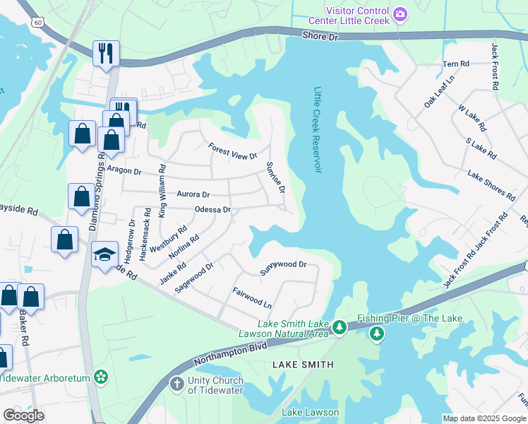 map of restaurants, bars, coffee shops, grocery stores, and more near 5517 Odessa Drive in Virginia Beach