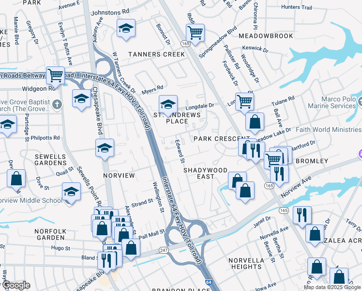 map of restaurants, bars, coffee shops, grocery stores, and more near 1369 East Tanners Creek Drive in Norfolk