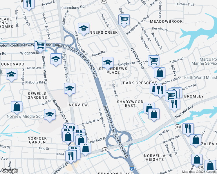 map of restaurants, bars, coffee shops, grocery stores, and more near 6455 Edward Street in Norfolk