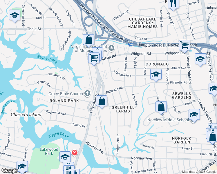map of restaurants, bars, coffee shops, grocery stores, and more near 860 Philpotts Road in Norfolk
