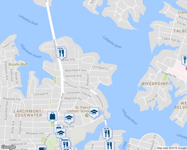 map of restaurants, bars, coffee shops, grocery stores, and more near 1014 Hanover Avenue in Norfolk
