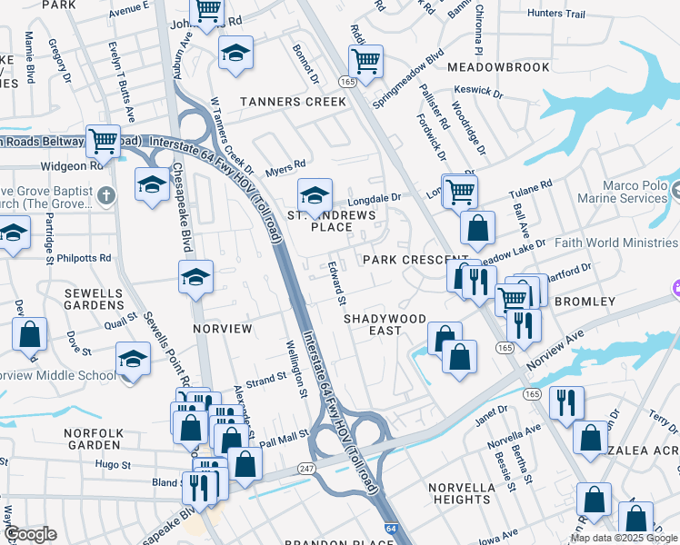 map of restaurants, bars, coffee shops, grocery stores, and more near 1369 East Tanners Creek Drive in Norfolk