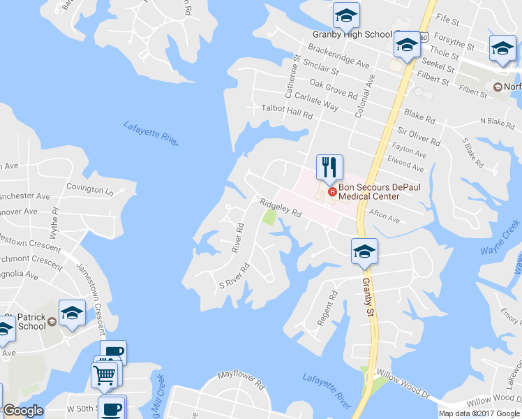 map of restaurants, bars, coffee shops, grocery stores, and more near 6053 Newport Avenue in Norfolk