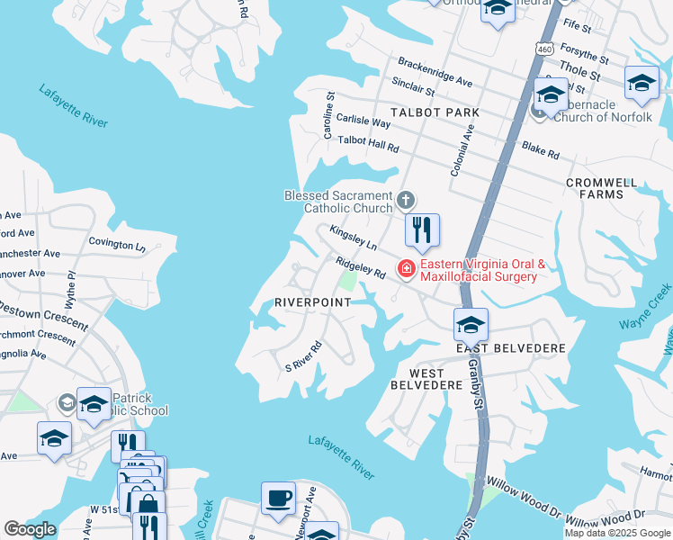 map of restaurants, bars, coffee shops, grocery stores, and more near 6053 Newport Avenue in Norfolk