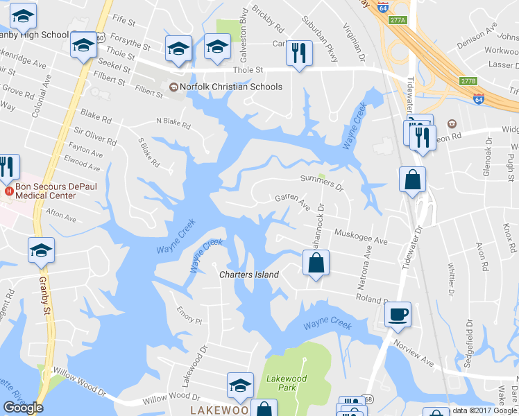 map of restaurants, bars, coffee shops, grocery stores, and more near 445 Warner Circle in Norfolk