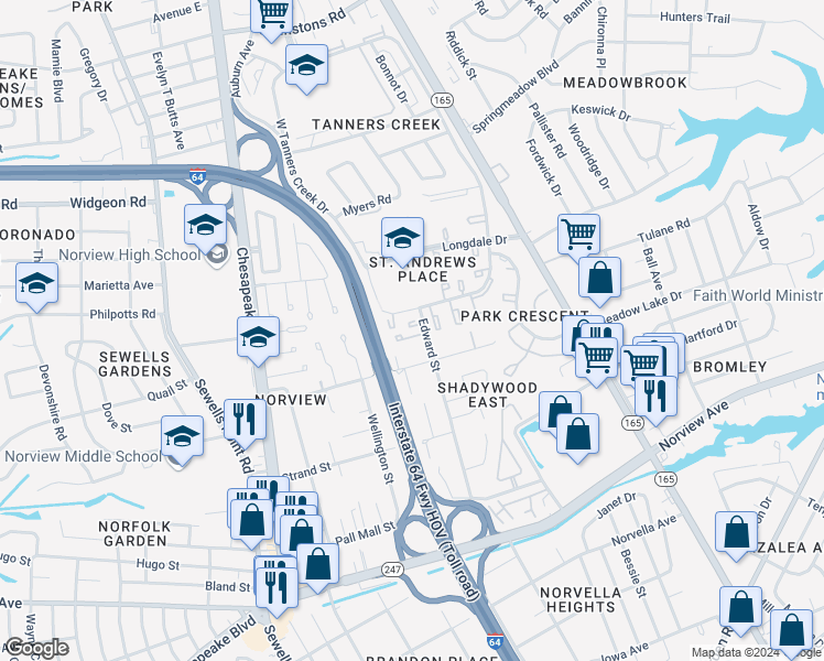 map of restaurants, bars, coffee shops, grocery stores, and more near 6447 Edward Street in Norfolk