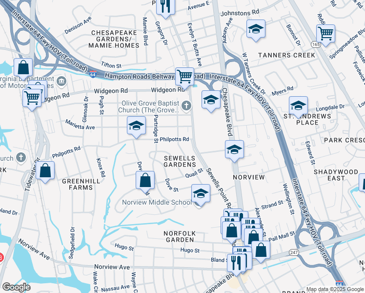 map of restaurants, bars, coffee shops, grocery stores, and more near 6462 Palem Road in Norfolk