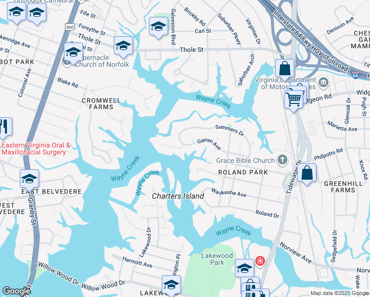 map of restaurants, bars, coffee shops, grocery stores, and more near 445 Warner Circle in Norfolk