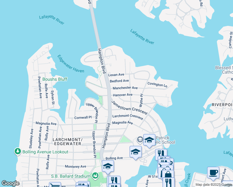 map of restaurants, bars, coffee shops, grocery stores, and more near 1142 Hanover Avenue in Norfolk