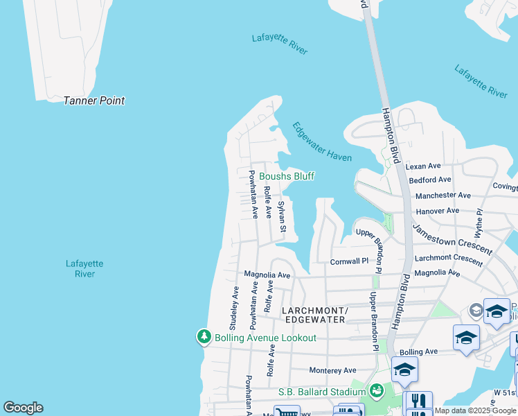 map of restaurants, bars, coffee shops, grocery stores, and more near 6154 Powhatan Avenue in Norfolk