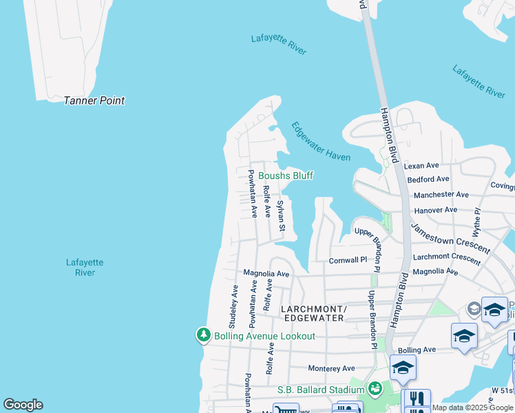 map of restaurants, bars, coffee shops, grocery stores, and more near 6154 Powhatan Avenue in Norfolk