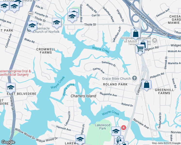map of restaurants, bars, coffee shops, grocery stores, and more near 529 Garren Avenue in Norfolk