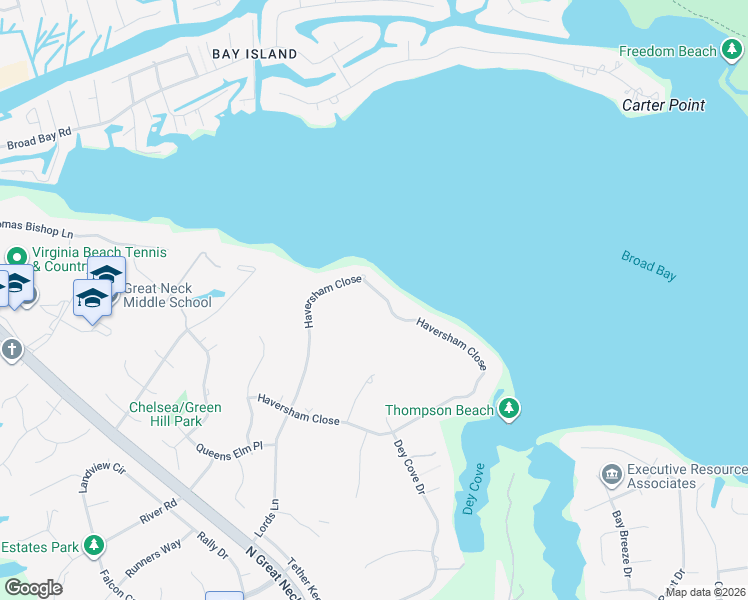 map of restaurants, bars, coffee shops, grocery stores, and more near 2308 Haversham Close in Virginia Beach