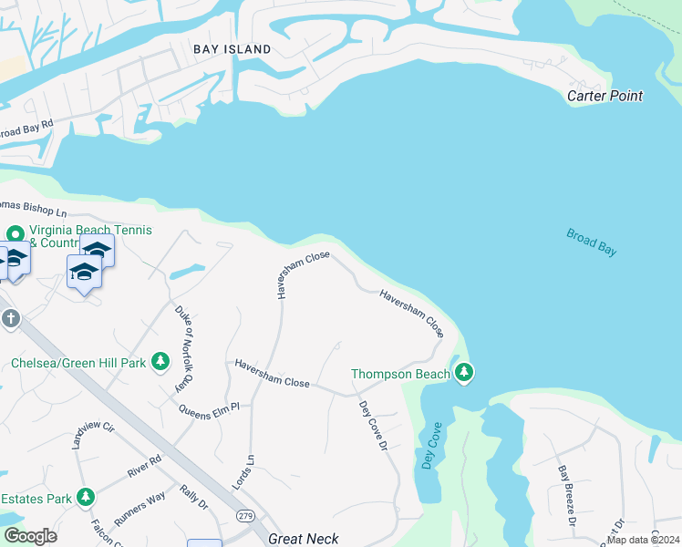 map of restaurants, bars, coffee shops, grocery stores, and more near 2308 Haversham Close in Virginia Beach