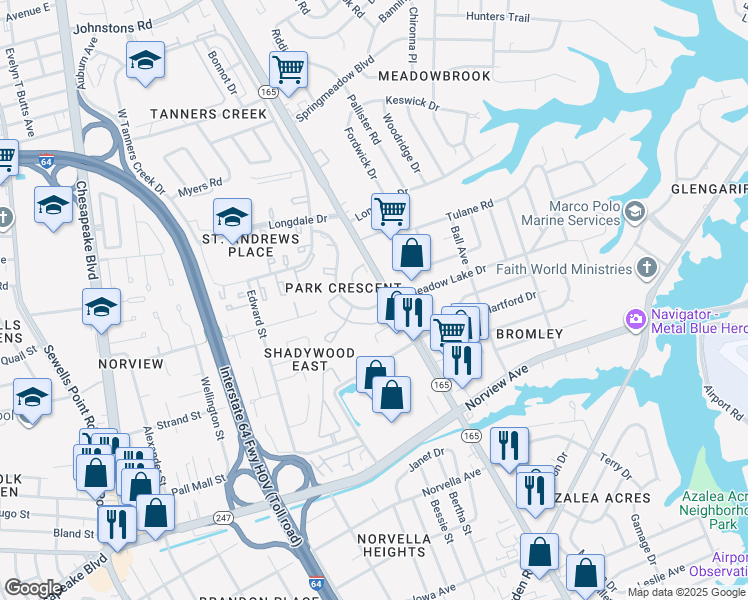 map of restaurants, bars, coffee shops, grocery stores, and more near 6400 Crescent Way in Norfolk