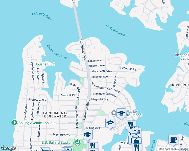 map of restaurants, bars, coffee shops, grocery stores, and more near 1142 Hanover Avenue in Norfolk
