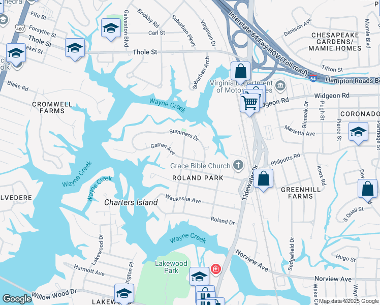 map of restaurants, bars, coffee shops, grocery stores, and more near 6429 Otis Circle in Norfolk