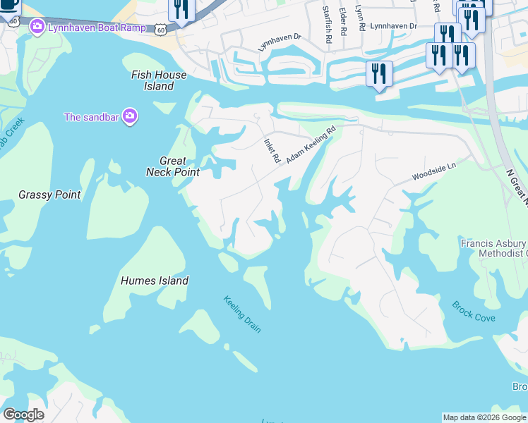 map of restaurants, bars, coffee shops, grocery stores, and more near 1926 Lynn Cove Lane in Virginia Beach