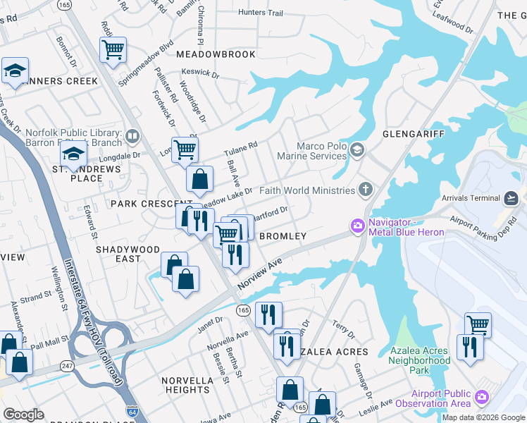 map of restaurants, bars, coffee shops, grocery stores, and more near 1812 Hartford Drive in Norfolk